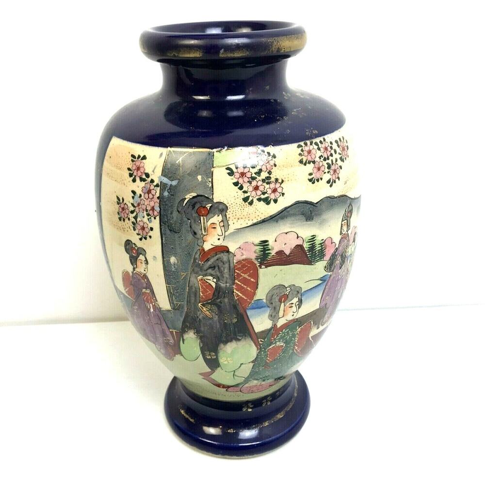 Japanese Vase 12' Geisha Girls Blue Gold Ancient Scene Asian Art Ceramic